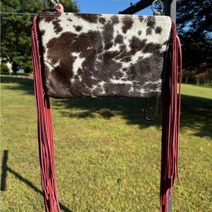 Holy Cow Couture Ranch Hand - Chic Cowhide Crossbody Bag with Maroon Fringe